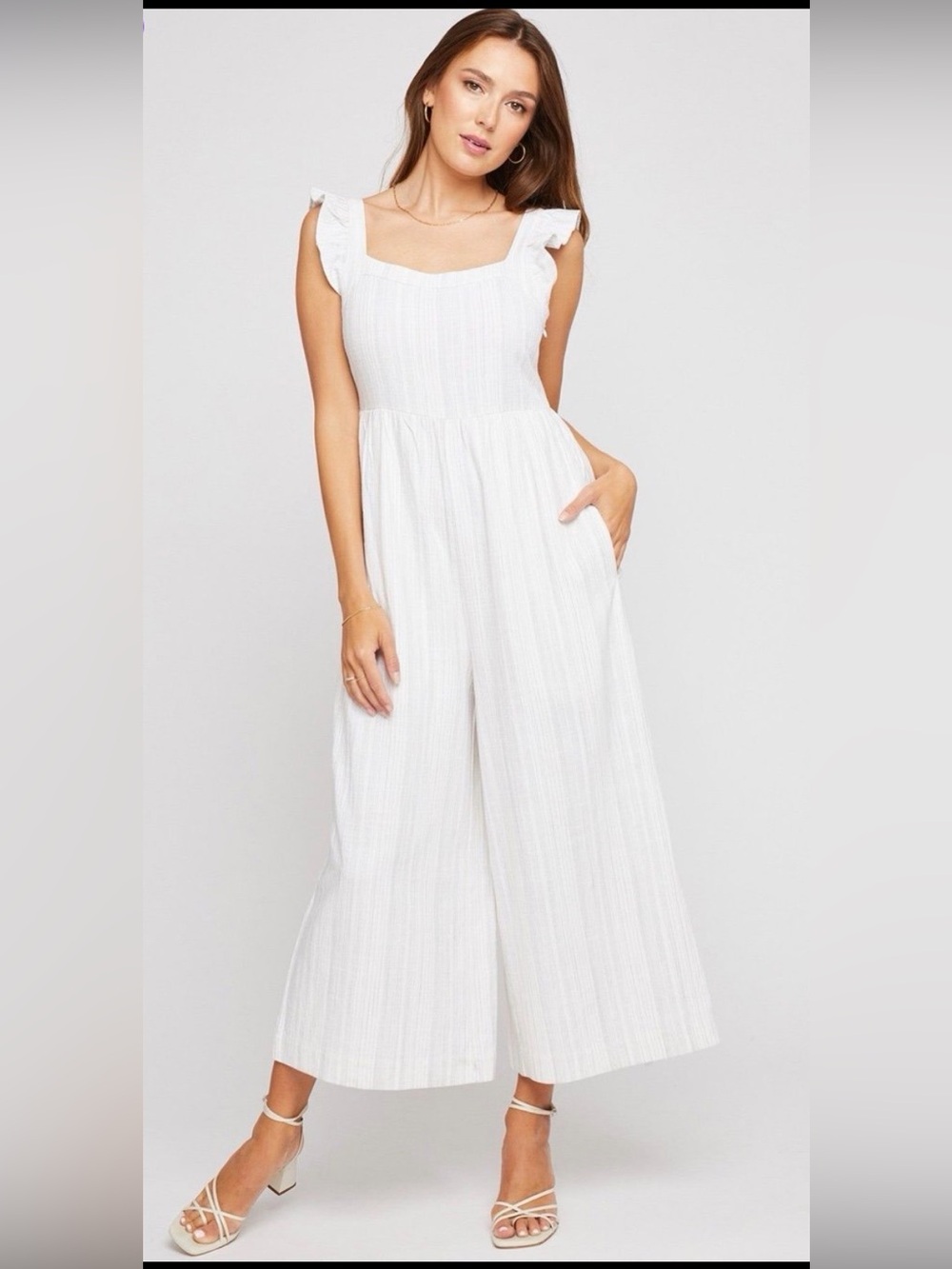 Gentle Fawn Women’s Wide-Leg Cream Jumpsuit with Ruffle Straps in Red Cream L